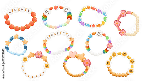 Set of colorful funky bracelet from bright plastic beads vector illustration isolated on white background © An-Maler
