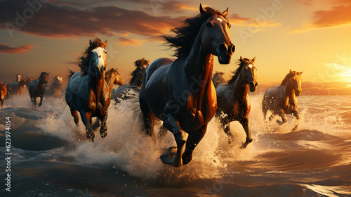 Herd of horses galloping in the sea at sunset Generative AI