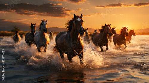 Herd of horses galloping in the sea at sunset