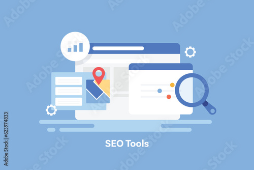 Online web application analysing SEO traffic and online ranking position, suggesting new data and collecting information, competitive analytics and seo audit report vector banner concept.