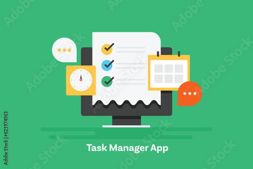 Business task management application on computer screen, project tracking, checklist and calendar schedule, company strategy, appointment organiser concept. Vector banner illustration.