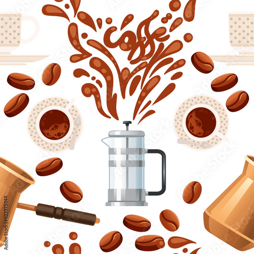 Seamless pattern coffee theme with french press coffee maker and cezve vector illustration on white background