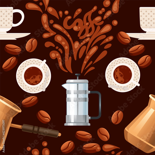 Seamless pattern coffee theme with french press coffee maker and cezve vector illustration on brown background