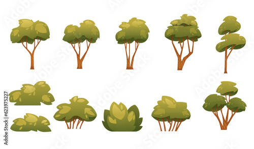 Set of green stylized bush vector illustration isolated on white background