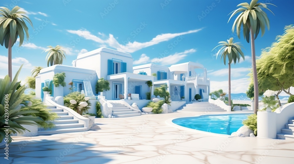Traditional Mediterranean white house with blue sky generative ai