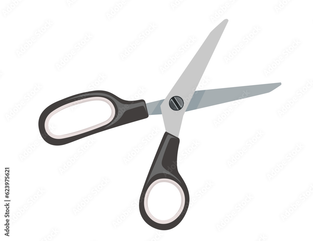 Stainless steel scissors with black plastic handle vector illustration isolated on white background Stainless steel scissors with black plastic handle vector illustration isolated on white background