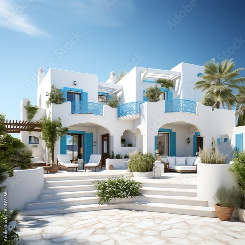 Traditional Mediterranean white house with blue sky generative ai © tanjidvect