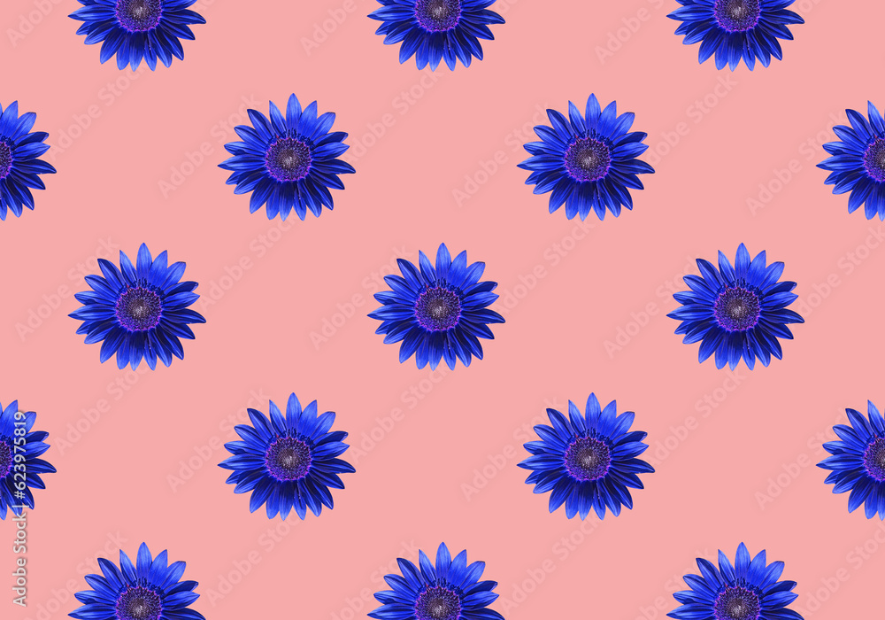 Surreal Pop Art Pattern of Blossoming Royal Blue Sunflowers on Salmon Pink Backdrop	