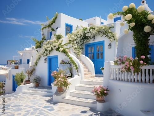 Traditional Mediterranean white house with blue sky generative ai