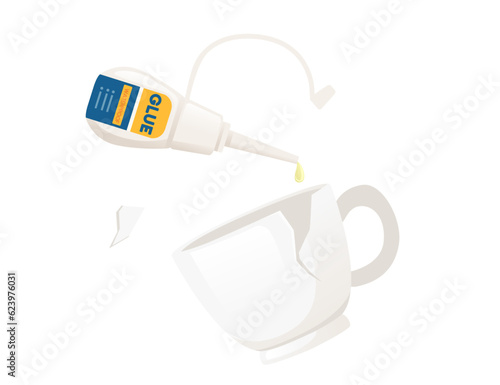 Broken and cracked white ceramic cup with super glue ready for repair vector illustration isolated on white background
