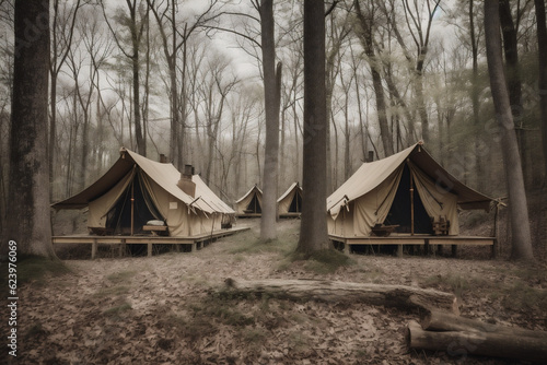 light glamping tent nature travel vacation canvas luxury camping forest. Generative AI. © SHOTPRIME STUDIO