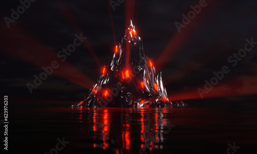 Synthwave scary neon mountain background at the sea with red lights