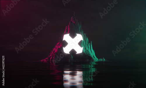 Y2K Synthwave Abstract Sign Logotype at the sea with neon pink and blue mountain background