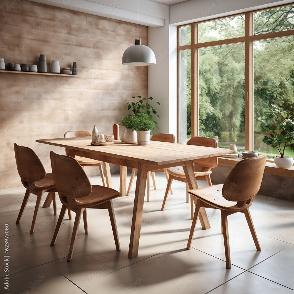 Fototapeta premium Wooden set dining table and chairs interior design of modern dining room with window generative ai