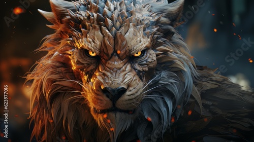 Cinematic image iron lion with burning eyes spines made with generative AI