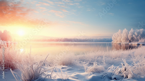 The serene lake reflects the light at sunrise, while the sturdy trees bear witness to the symphony of icy winter nature in the morning