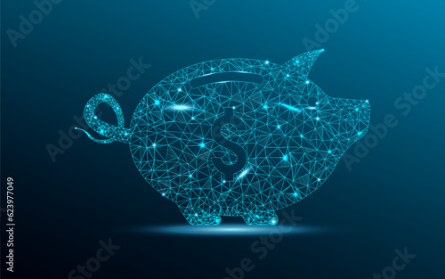 Piggy bank low poly wireframe with abstract mesh line and dot point. Accounting, Business, financial saving money concept. Polygonal wireframe and low poly vector illustration.