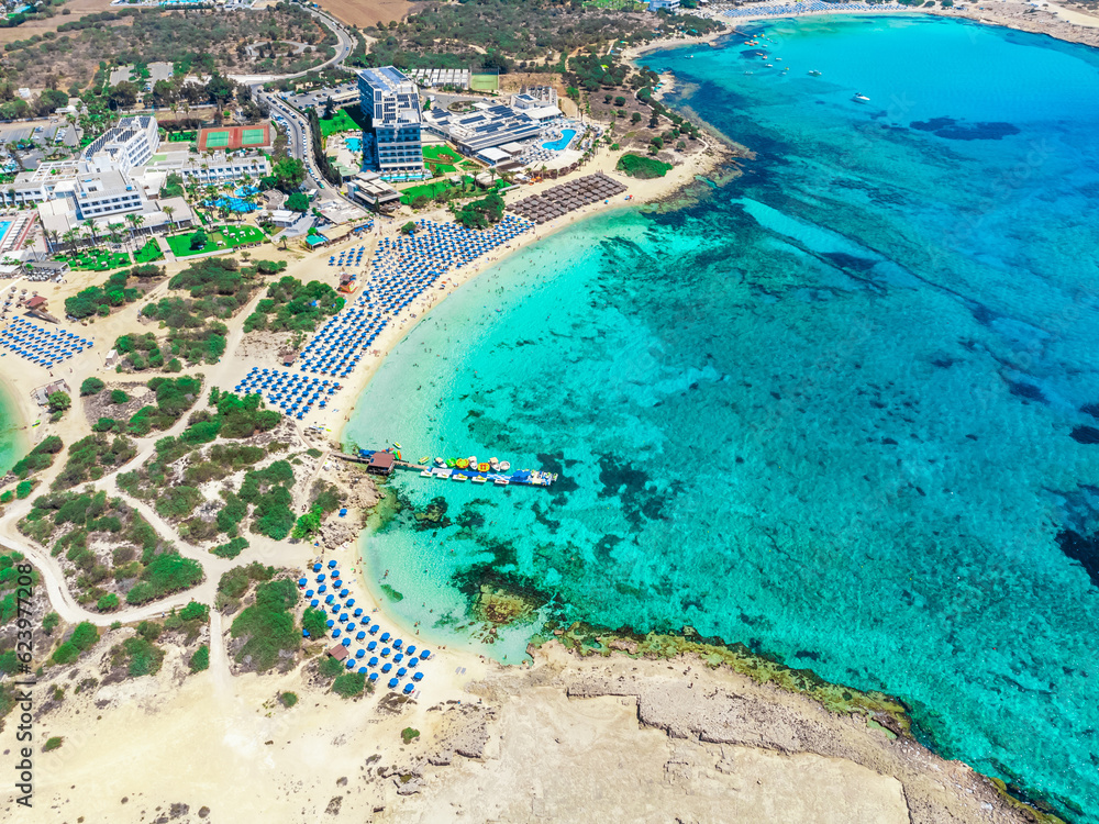 Makronissos beach, Ayia Napa, Cyprus. Aerial summer beach Cyprus view