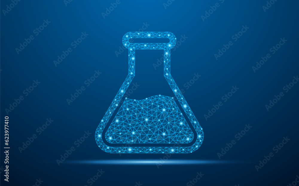 Medical Laboratory flask test tube vector illustration with low poly wireframe with abstract mesh line and point. Polygonal wireframe and low poly vector illustration on dark blue background. Medical Laboratory flask test tube vector illustration with low poly wireframe with abstract mesh line and point. Polygonal wireframe and low poly vector illustration on dark blue background.
