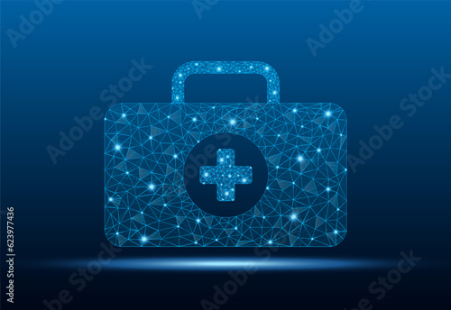 Medical bag low poly wireframe with abstract mesh line and point. Emergency Medical Box, first aid kit, healthcare bag medicine concept. Polygonal wireframe and low poly vector illustration.