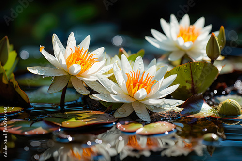Water Lily Flower On A Lake With Morning Dew Created With The Help Of Artificial Intelligence
