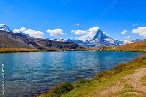 View of Stelli Lake (Stellisee) and Matterhorn mountain at summer in Zermatt, Swiss Alps, Switzerland