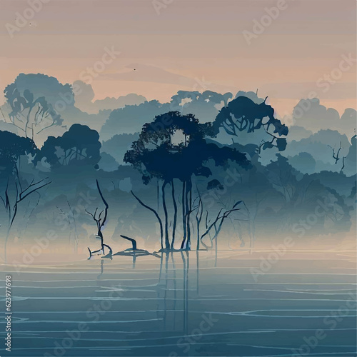 LANDSCAPES INSPIRED BY THE PERUVIAN AMAZON, ILLUSTRATIONS OF FLOODPROOF FORESTS, FORESTS IN RIVERS, BEAUTIFUL LANDSCAPES RELATED TO THE AMAZON JUNGLE photo