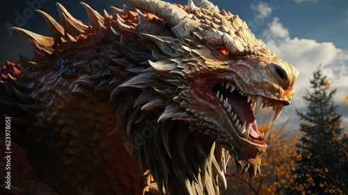 Cinematic image dragon with burning eyes spines made with generative AI