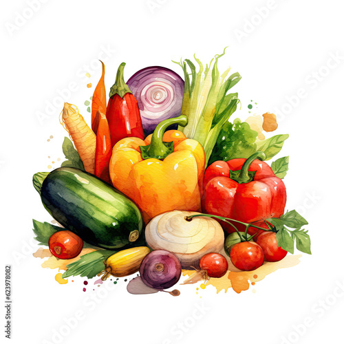 Watercolor vegetables illustration. Heathy food clipart isolated on transparent background. Generative AI