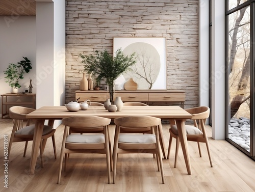 Wooden set dining table and chairs interior design of modern dining room with window generative ai