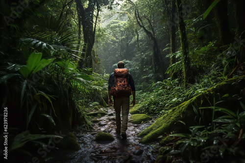 Adventurous Travel: Explorer Trekking through a Dense Jungle photo