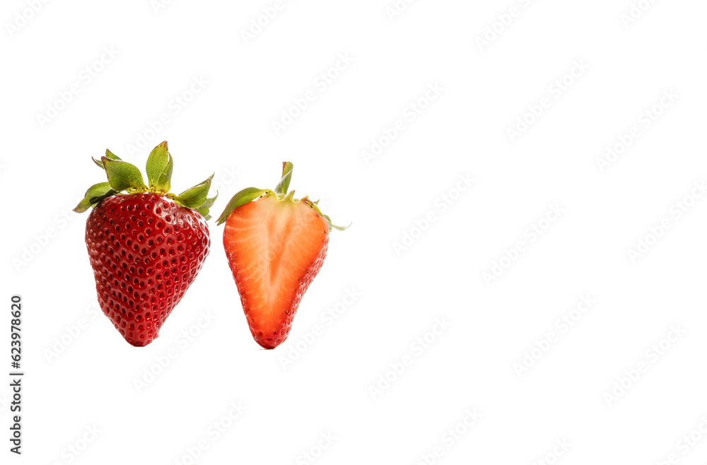 closeup of a fresh strawberry cut in half isolated on white background and copy space closeup of a fresh strawberry cut in half isolated on white background and copy space