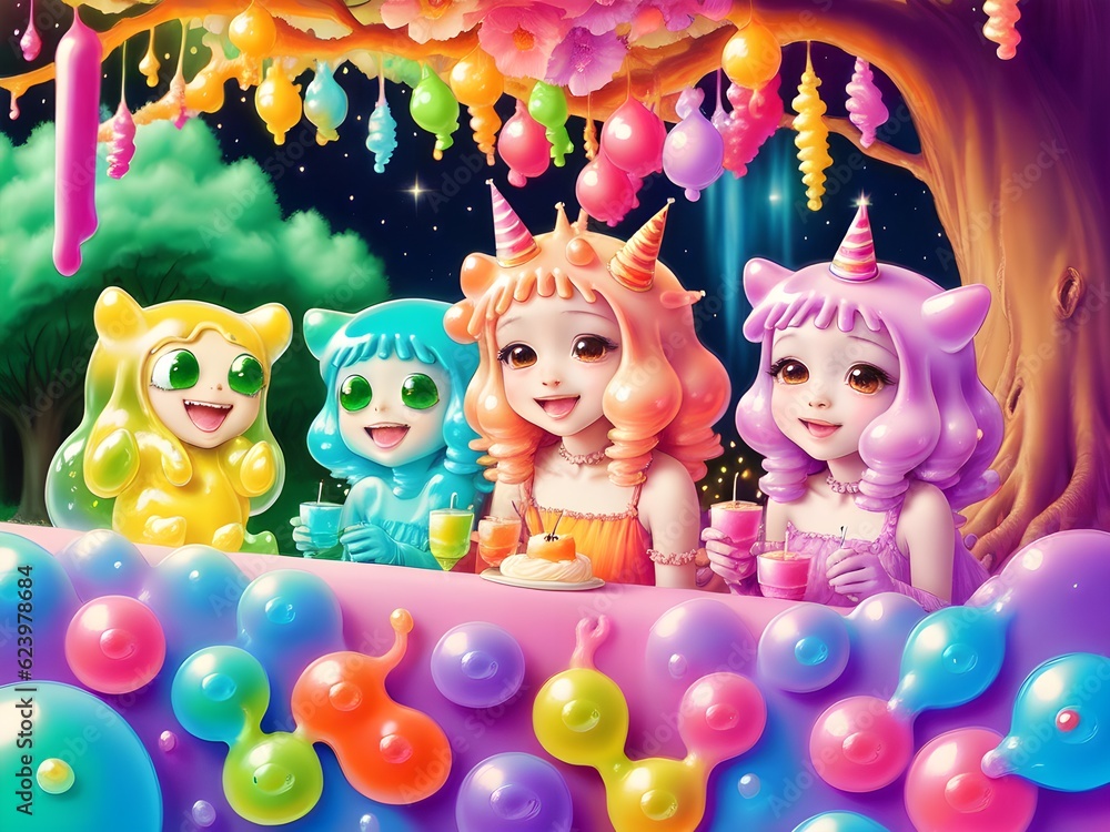 Fototapeta premium Cute Slime Creatures Celebrating, Generative AI Illustration