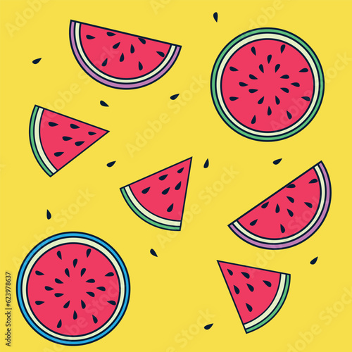 Fruity seamless vector pattern with watercolor paint textured watermelon pieces. 