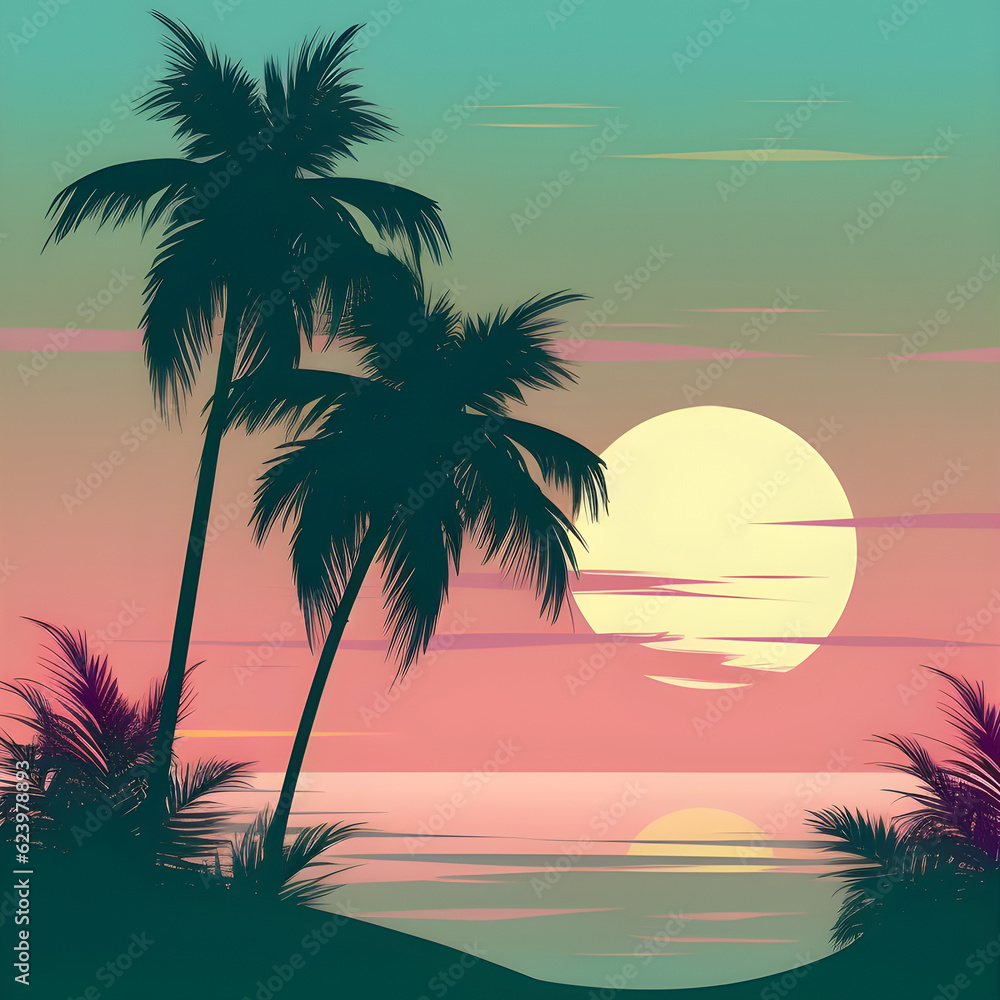Twilight summer beach sunset background with coconut palm tree silhouette