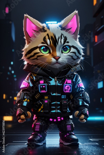Futuristic Soldier Cat: Chibi Hyperrealistic Cyberpunk Jacket, Isometric View, Cinematic Black Neon Background, Hyper-Detailed Rendering © Navishka