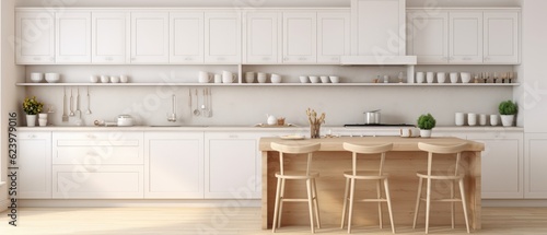 Scandinavian classic kitchen with wooden and white details, Luxury Kitchen Interior in white tone, Generative ai