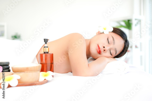 Spa beauty massage healthy wellness. Spa Thai therapy treatment aromatherapy for body woman. Young woman enjoying and relax massage in spa salon. Lifestyle and Cosmetic Healthy Concept