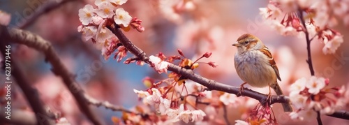Illustration of single bird on blossom flowers sprint season, Generative AI