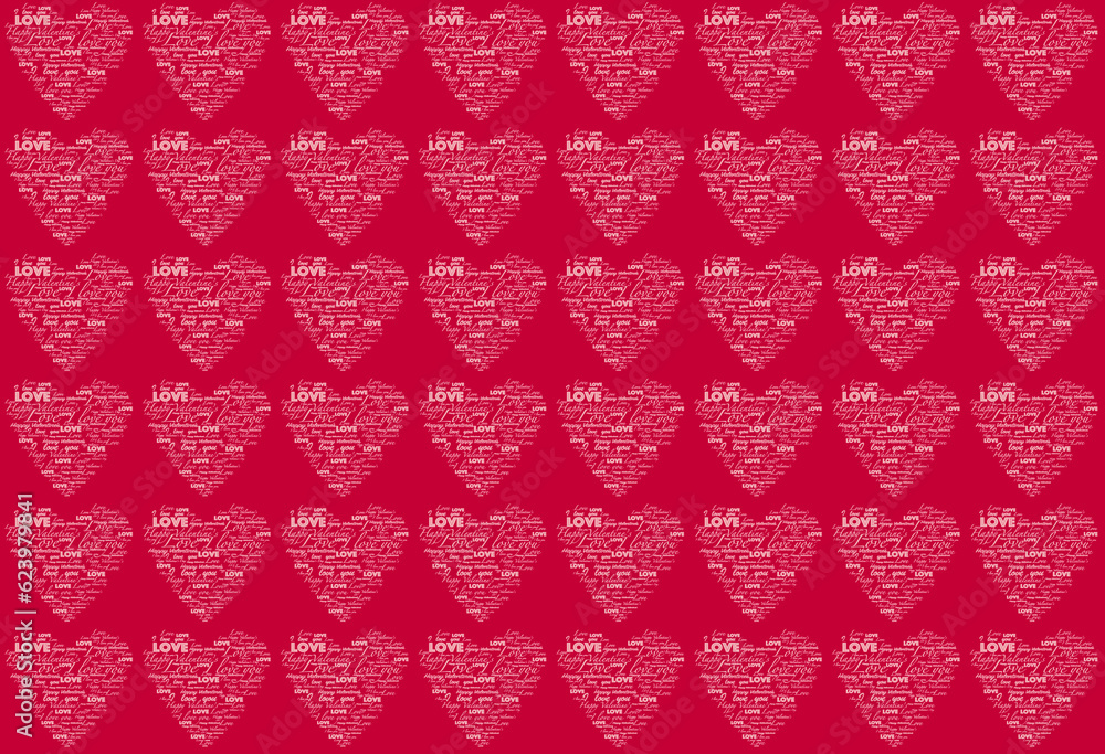 Valentines day pattern composed of small hearts that consits of words Happy Valentine's day, i love you, love in pink color on a bright viva magenta background