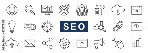 Seo icons set. Search Engine Optimization line web icon collection. Vector illustration.