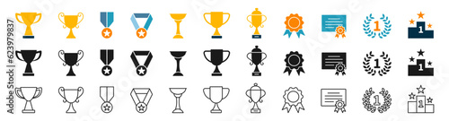 Trophy cup icons set. Winning icons collection. Award and Medal.