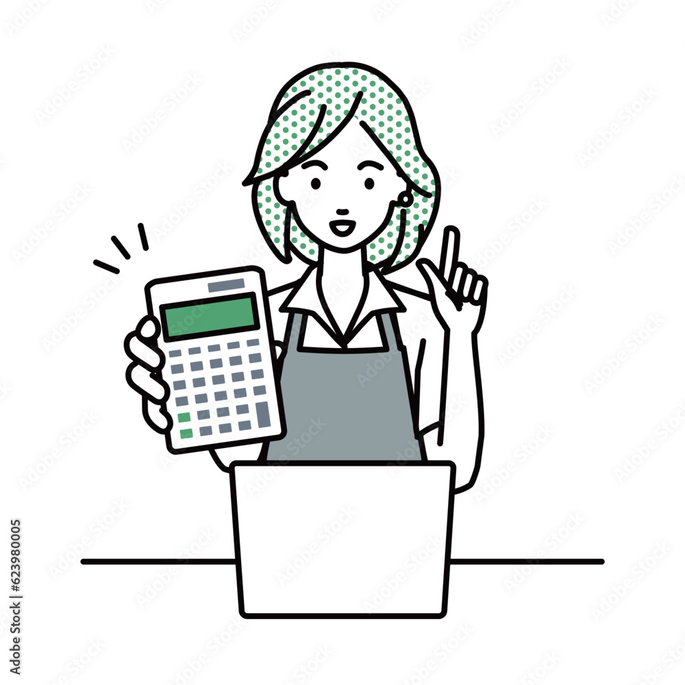 a woman in cafe apron recommending, proposing, showing estimates and pointing a calculator with a smile in front of laptop pc a woman in cafe apron recommending, proposing, showing estimates and pointing a calculator with a smile in front of laptop pc