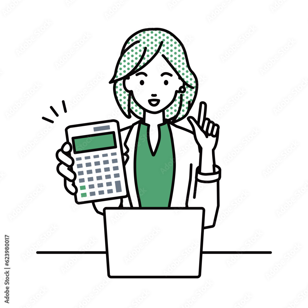 a woman in work jacket style recommending, proposing, showing estimates and pointing a calculator with a smile in front of laptop pc in front of laptop pc a woman in work jacket style recommending, proposing, showing estimates and pointing a calculator with a smile in front of laptop pc in front of laptop pc