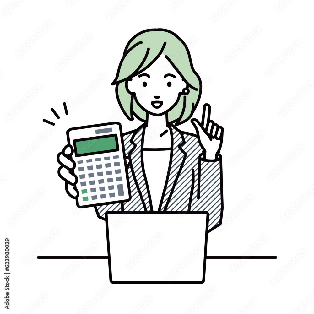 a woman in business suit style recommending, proposing, showing estimates and pointing a calculator with a smile in front of laptop pc a woman in business suit style recommending, proposing, showing estimates and pointing a calculator with a smile in front of laptop pc