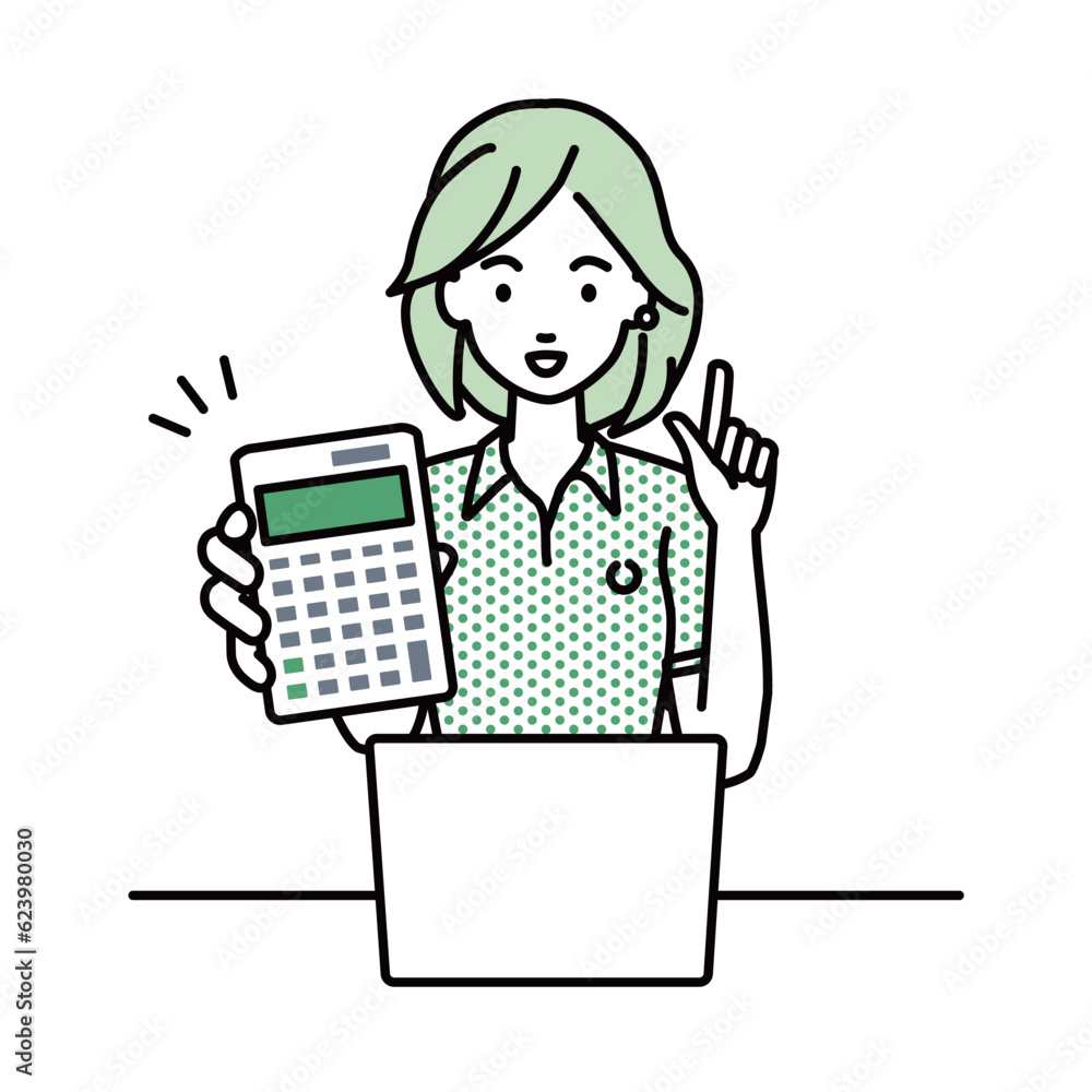 a woman in polo shirt recommending, proposing, showing estimates and pointing a calculator with a smile in front of laptop pc a woman in polo shirt recommending, proposing, showing estimates and pointing a calculator with a smile in front of laptop pc