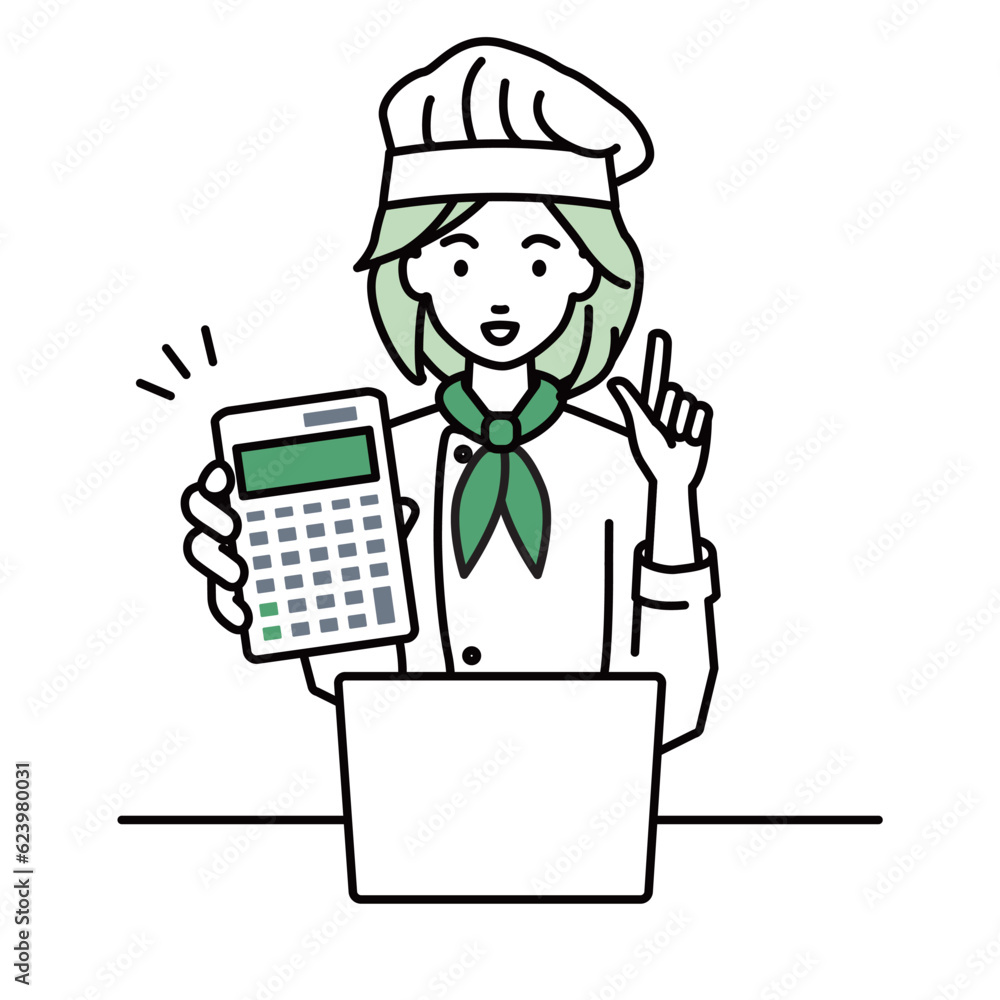 a woman cook recommending, proposing, showing estimates and pointing a calculator with a smile in front of laptop pc