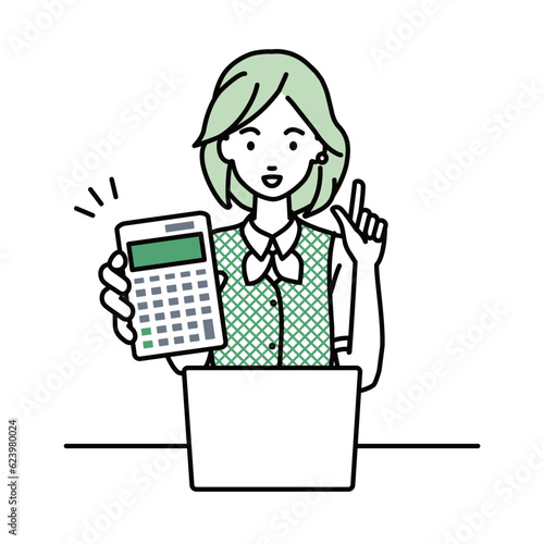 a woman in clerical uniform recommending, proposing, showing estimates and pointing a calculator with a smile in front of laptop pc