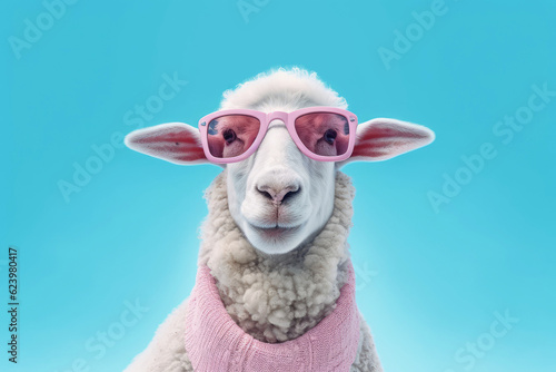 Beautiful Cute Funny Sheep Dressed in Sunglasses extreme closeup. Generative AI