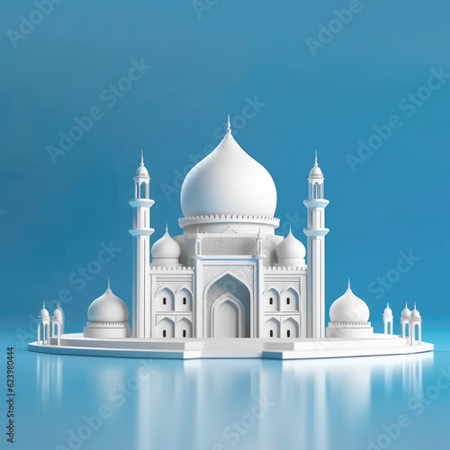 Minimalism Architecture White Mosque on a blue background. Generative AI